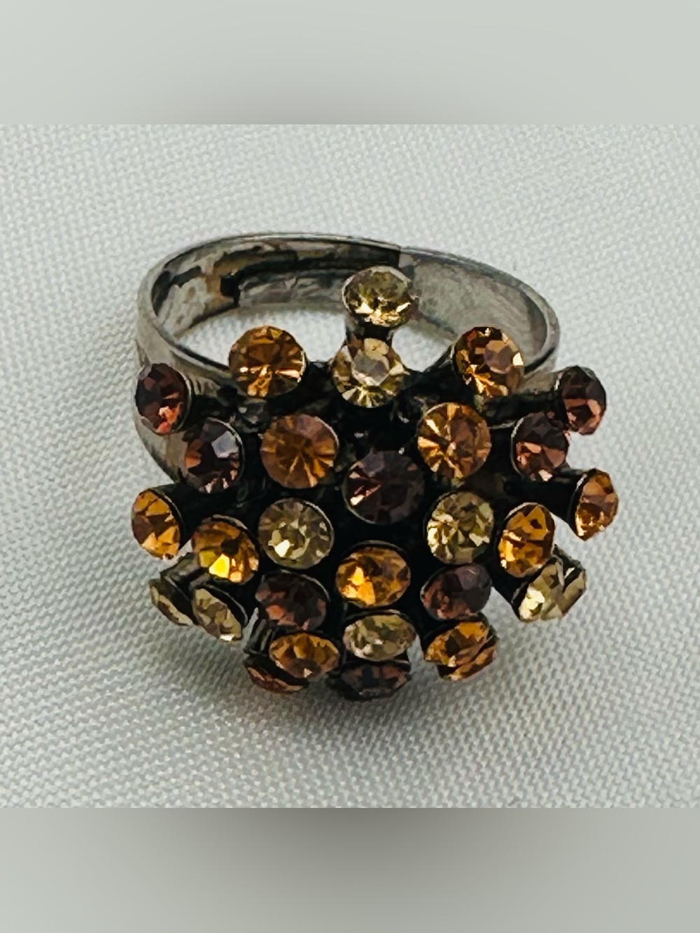 Vintage Amber & Topaz Rhinestone Starburst Cocktail Ring - Adjustable